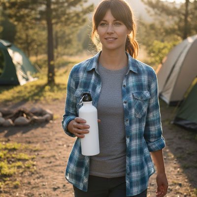 Femme avec gourde en aluminium blanche en camping