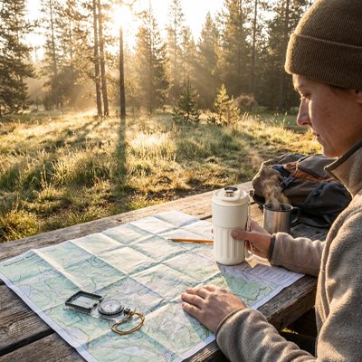 Femme avec mug isotherme blanc camping sauvage