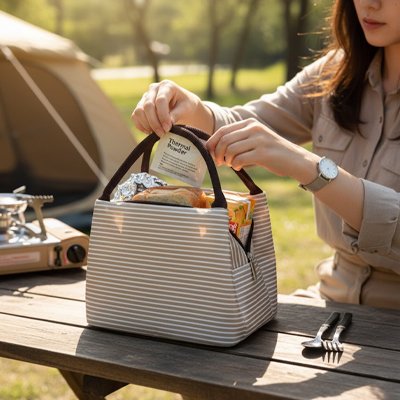 Femme avec sac isotherme beige dehors