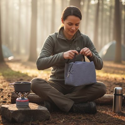 Femme avec sac isotherme en plein air