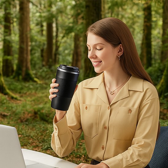 Femme boit avec bouteille isotherme noire
