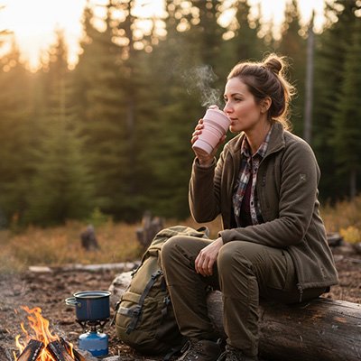 Femme boit avec gobelet pliable rose camping bois