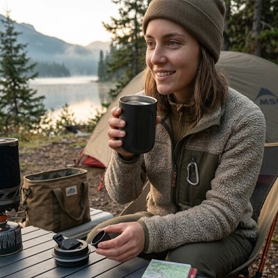Femme boit avec mug isotherme noir camping