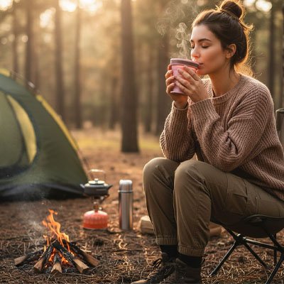 Femme boit café matinal avec gobelet pliable rose camping