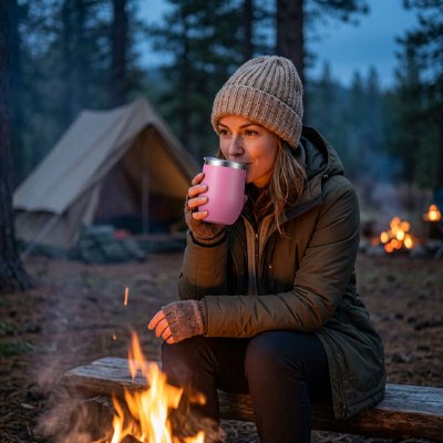 Femme boit mug isotherme rose camping