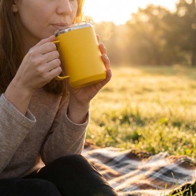 Femme boit tasse isotherme jaune pique-nique