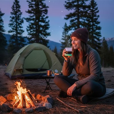 Femme camping boit avec gobelet pliable base verte