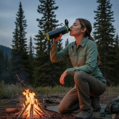 Femme camping boit gourde filtrante noire et verte