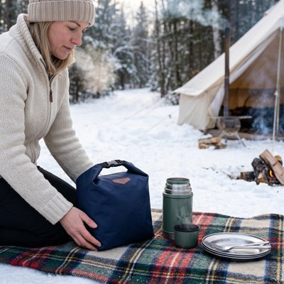 Femme camping hiver avec sac isotherme repas bleu foncé