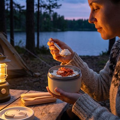 Femme camping mange dans boite sac isotherme lunch box