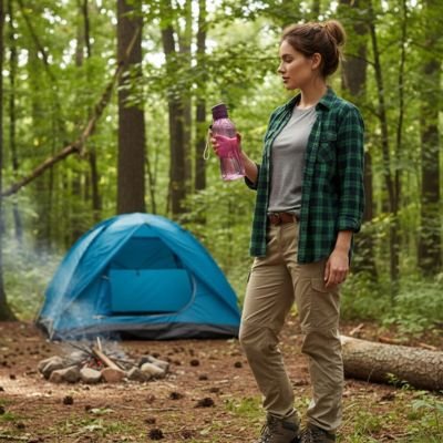 Femme camping tient gourde plastique rose