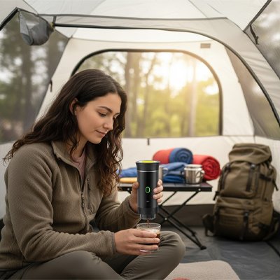 Femme dans tente camping prépare café avec machine a cafe portable​ 