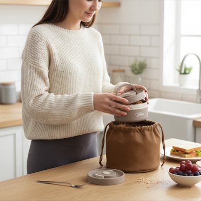 Femme dépose Lunch box isotherme dans sac