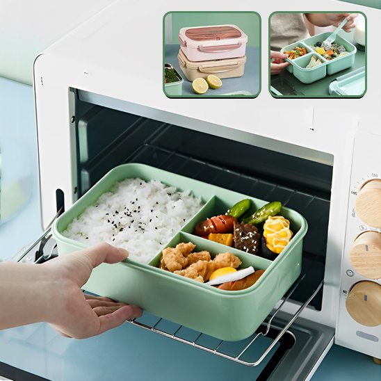 Femme dépose Lunch box verte dans micro-ondes