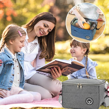 Femme deux fillettes sac isotherme repas dehors