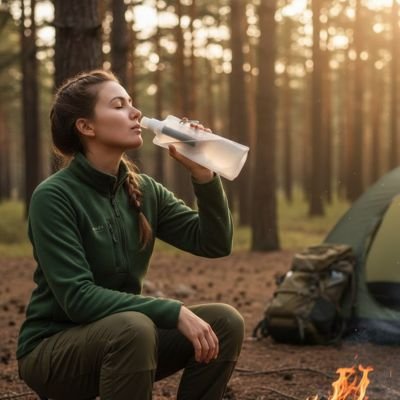 Femme en camping sauvage boit avec gourde filtrante 