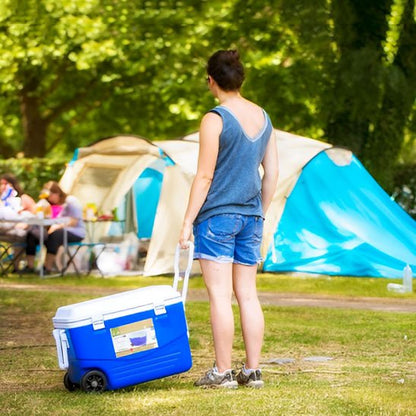 Femme en camping transporte glaciere avec poignée