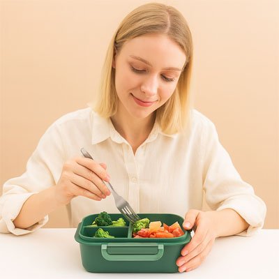 Femme mange avec Boite repas verte sur table