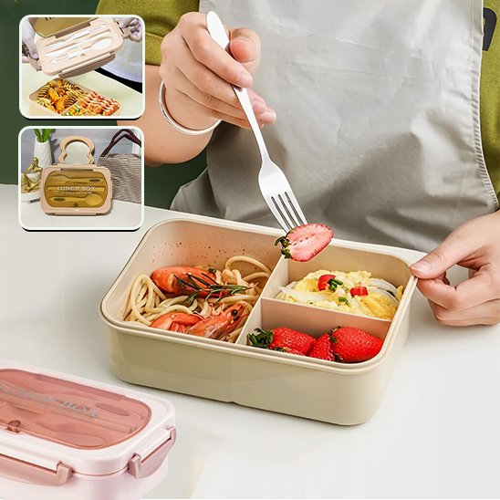 Femme mange avec fourchette dans Lunch box beige