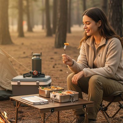 Femme mange avec lunch box sur table camping