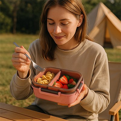 Femme mange dehors avec lunch box rose