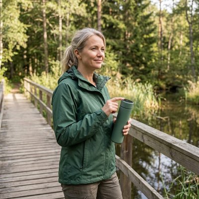 Femme marche plein air avec bouteille isotherme