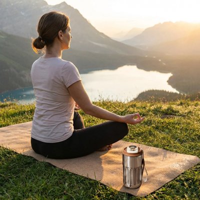 Femme méditation plein air avec tasse isotherme café