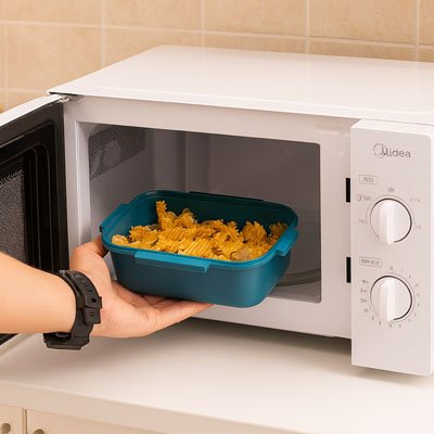 Femme mets Boite repas verte au micro-ondes