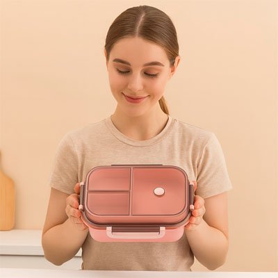 Femme montre compartiments séparés de Boite repas