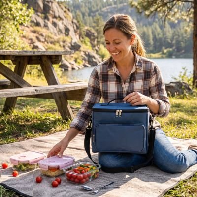 Femme pique-nique au sol avec sac isotherme repas bleu marine