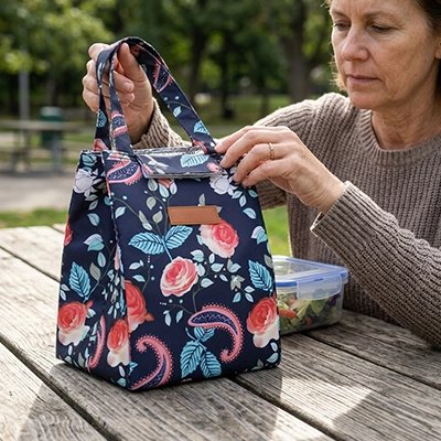 Femme pique-nique avec sac isotherme repas bleu fleuri 
