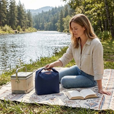 Femme pique-nique près lac avec sac isotherme repas bleu marine 