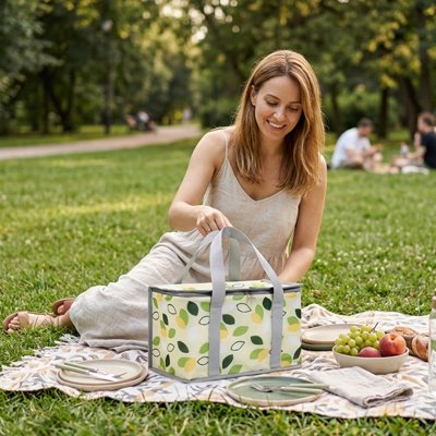 Femme pique-nique sac isotherme motifs feuilles jaunes vertes