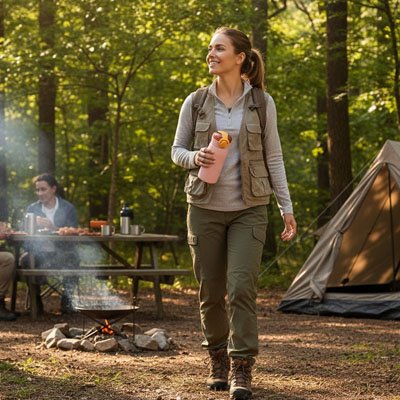 Femme plein air tient une des gourdes en inox 