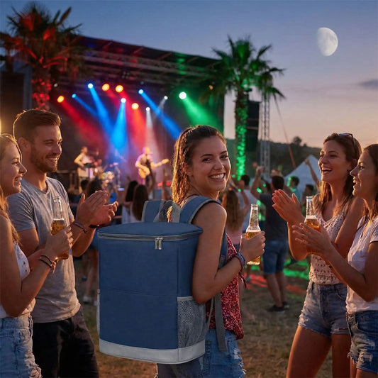 femme porte glacière sac à dos spectacle amis plein air