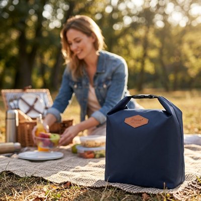 Femme prépare pique-nique parc sac isotherme repas bleu foncé