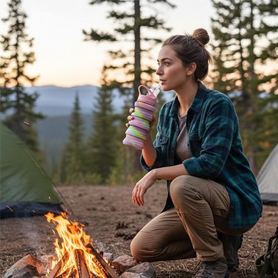 Femme près feu camping boit avec gourde pliable multicolore