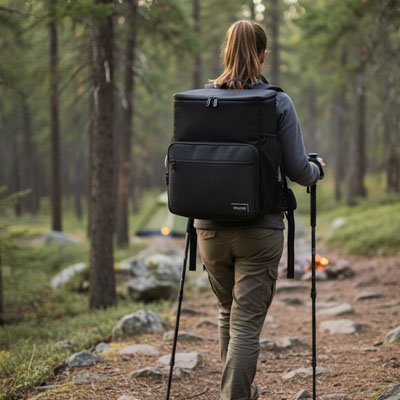 Femme randonnée avec sac a dos isotherme noir 