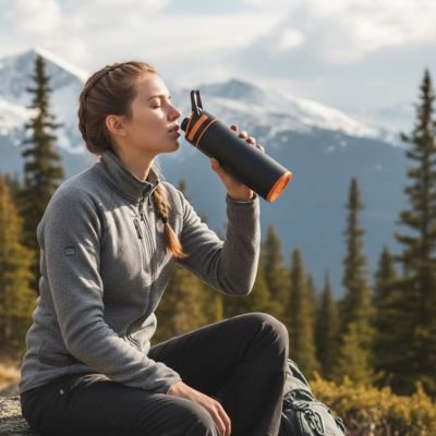 Femme randonnée montage boit gourde filtrante noire et orange