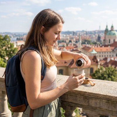 Femme randonnée verse boisson dans gobelet isotherme rose