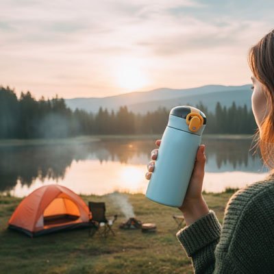 Femme regarde lac avec une des gourdes en inox bleue