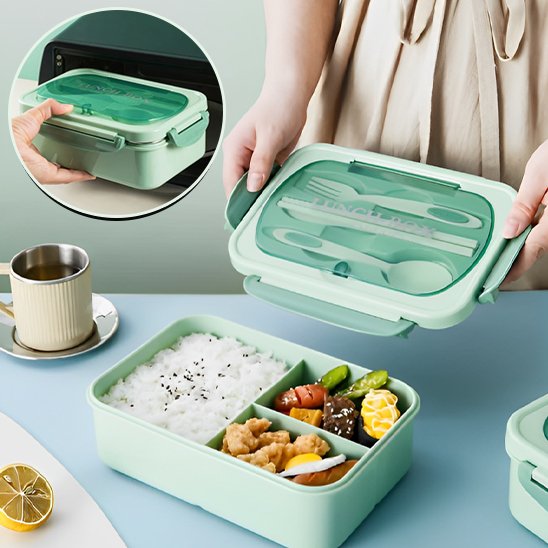 Femme tient couvercle Lunch box verte