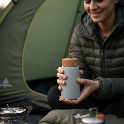 Femme tient gobelet isotherme gris camping