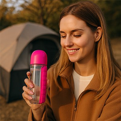 Femme tient gourde plastique rose en camping