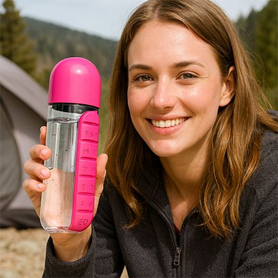 Femme tient gourde plastique rose plein air