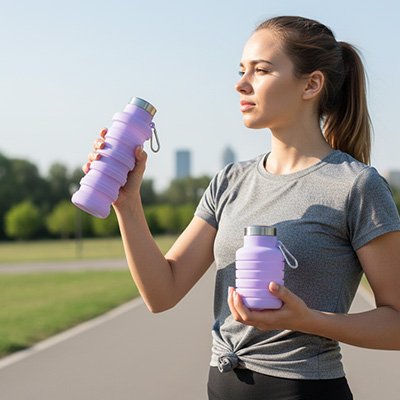 Femme tient gourde pliable en extension et une autre en réduction