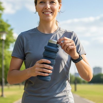 Femme tient gourde pliable grise foncé dehors