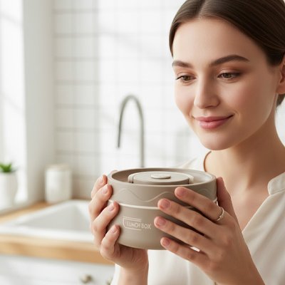 Femme tient Lunch box isotherme marron