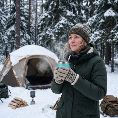 Femme tient mug isotherme vert camping hiver
