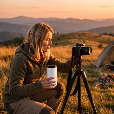 Femme tient tasse isotherme blanche plein air
